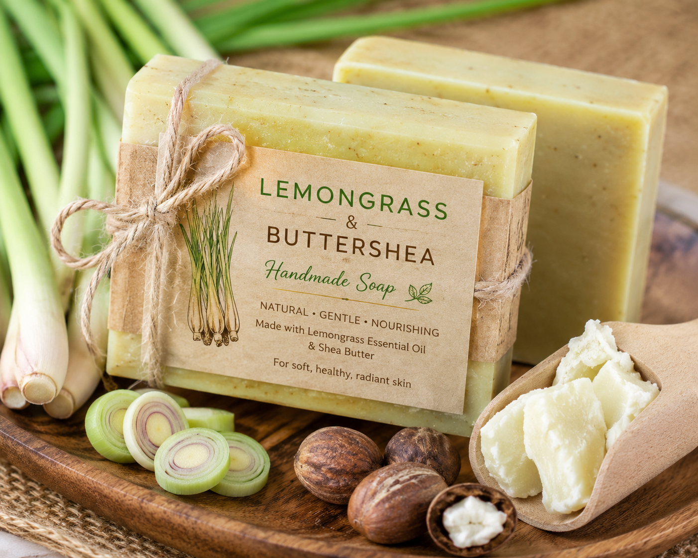 Lemongrass and Buttershea handmade soap bars on a wooden tray.