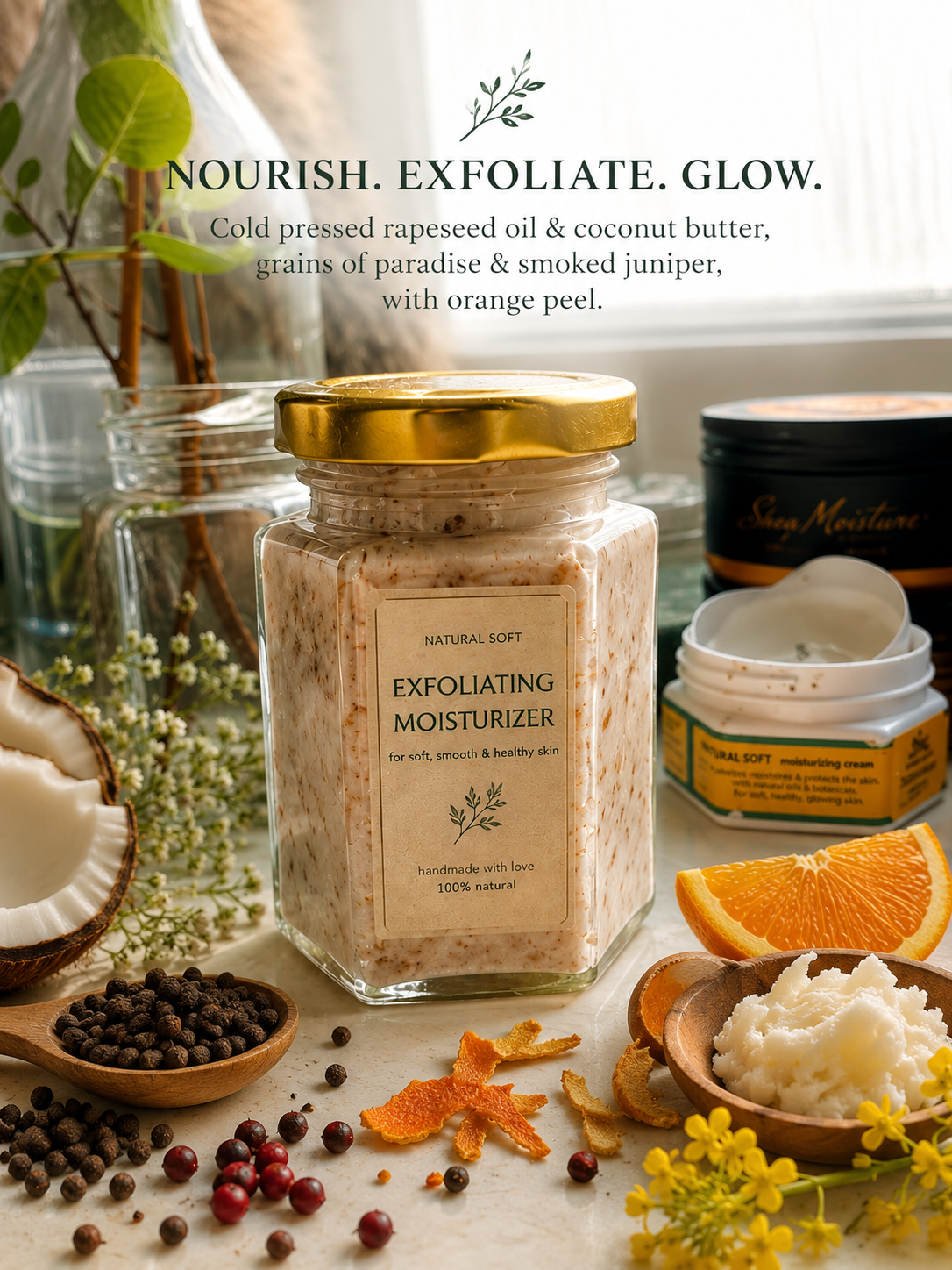 Exfoliating moisturiser jar with coconut, orange peel, juniper and grains of paradise.