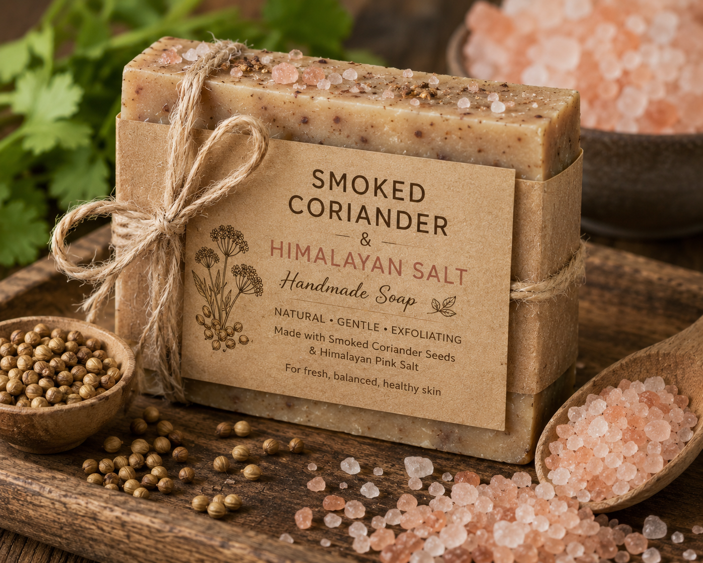 Smoked coriander and Himalayan salt handmade soap on a wooden tray.